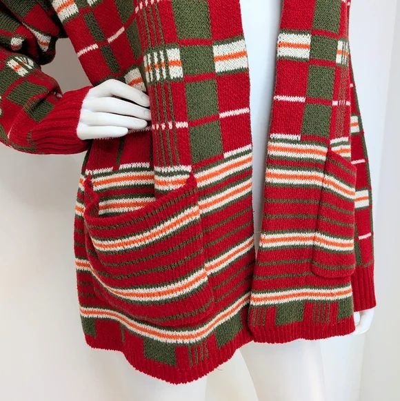 Men's Retro Red, Green, & Orange Plaid Open Style Shawl Collar Cardigan Sweater - Picture 4 of 7